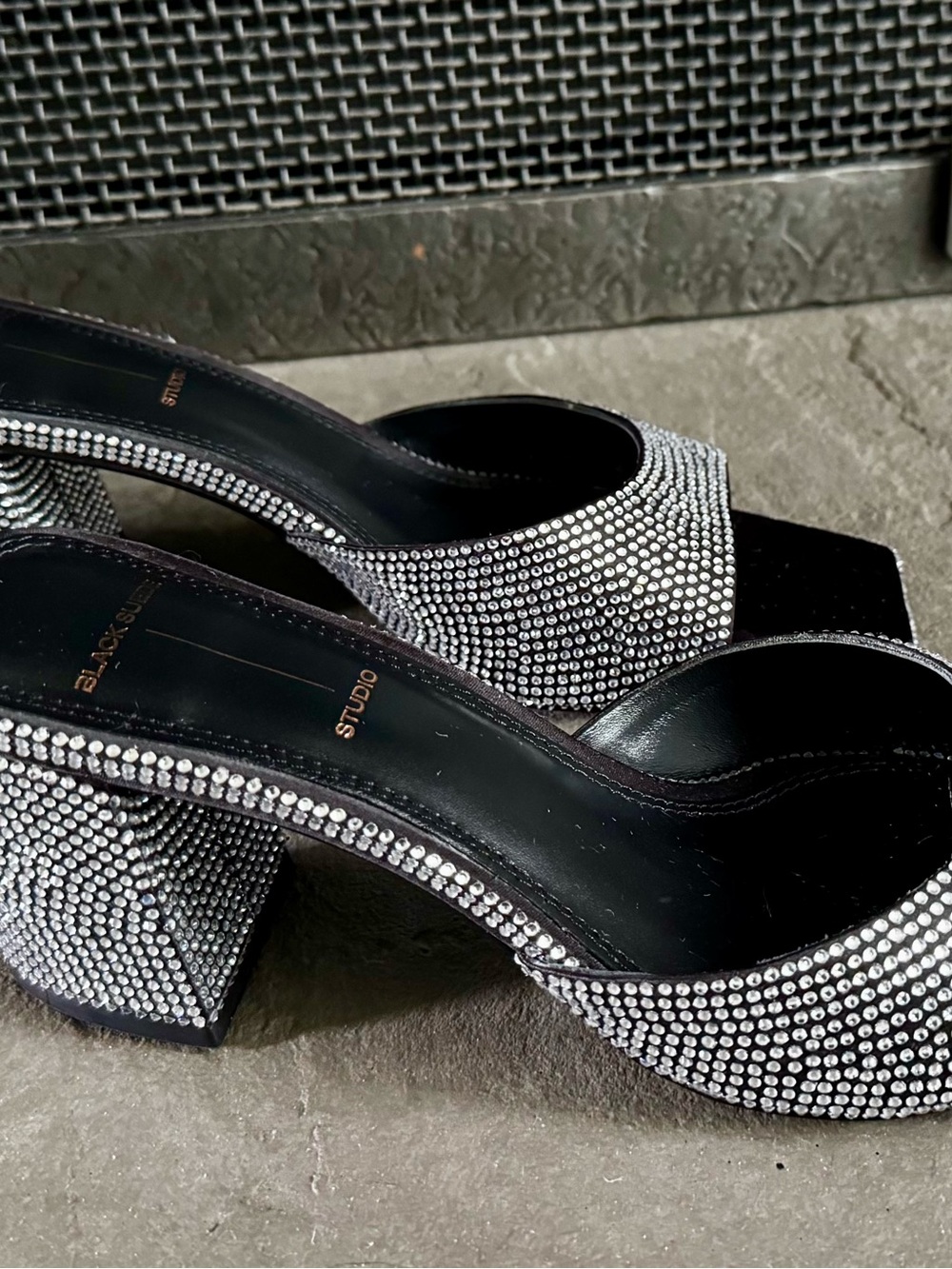 Black Suede Studio Rhinestone Block Heel Sandals. Size 7.5.